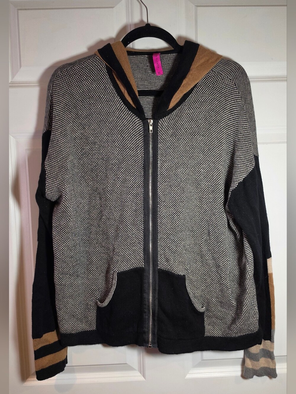 Zaket & Plover Birdseye Zip Up Hoodie Black Tan Beige Cotton Cashmere XL